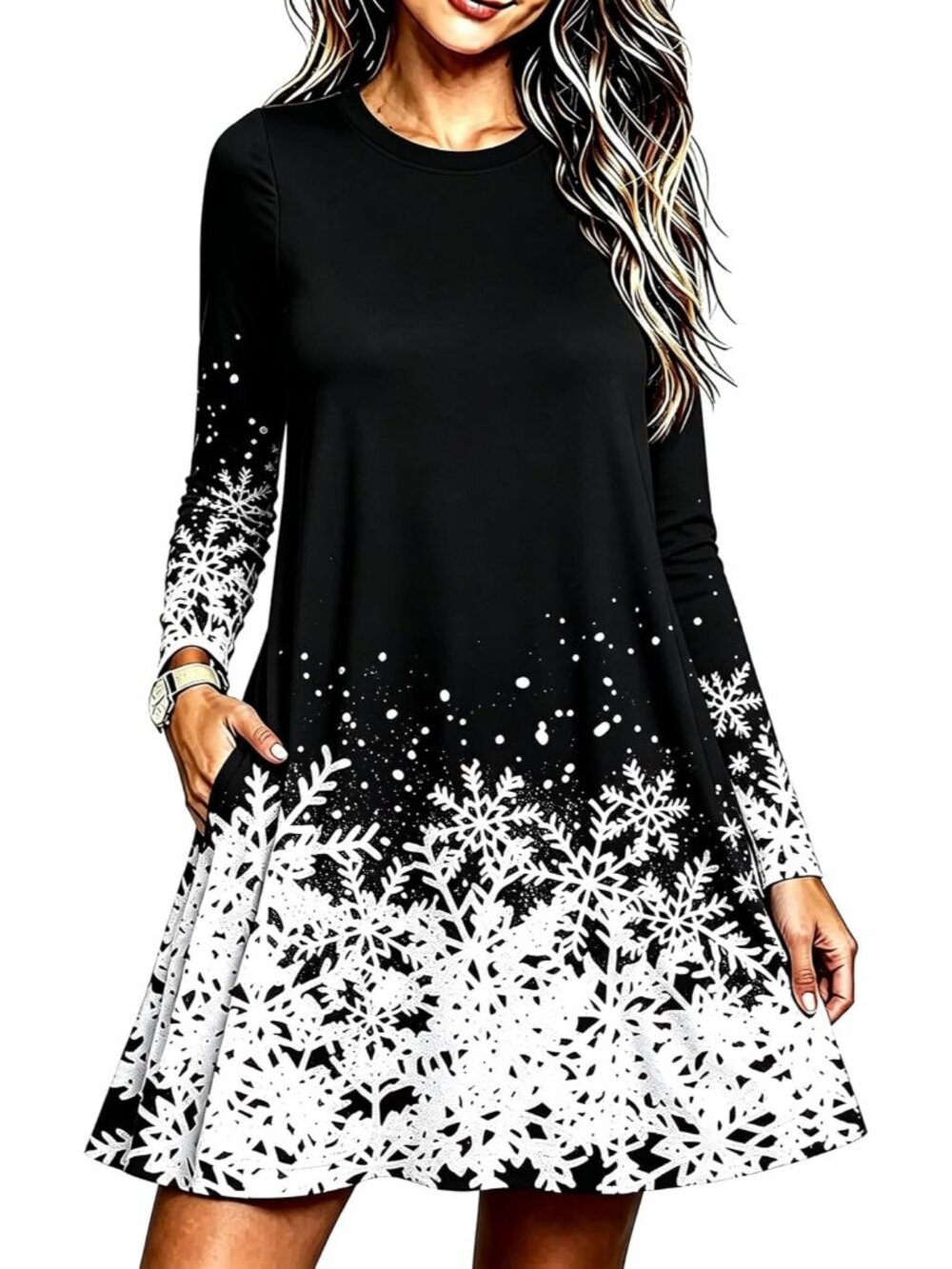 🆕Women's Christmas Winter Snowflake Print Long Sleeve Swing Dress Pockets
